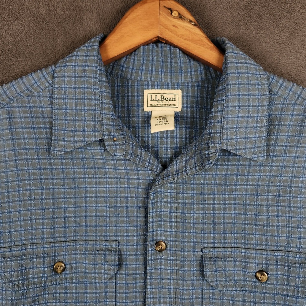 LL Bean Sunwashed Textured Shirt Mens Large Blue Plaid Long Sleeve Button Hiking